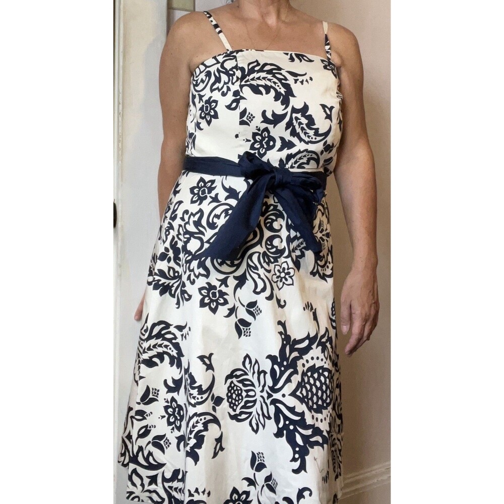 Saint Tropez West Navy Ivory Floral Damask Dress Belted Size 8